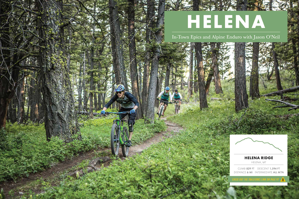 After conquering the climb on the Mount Helena Ridge Trail, Keenan Cox, Dan Barry and Brian Elliott drop into a mellow, flowy descent through the pines. Keep your eyes up though; a few steep and loose sections await farther down. // Photo: Jason O'Neill as seen in Freehub Magazine's Montana Photo Book