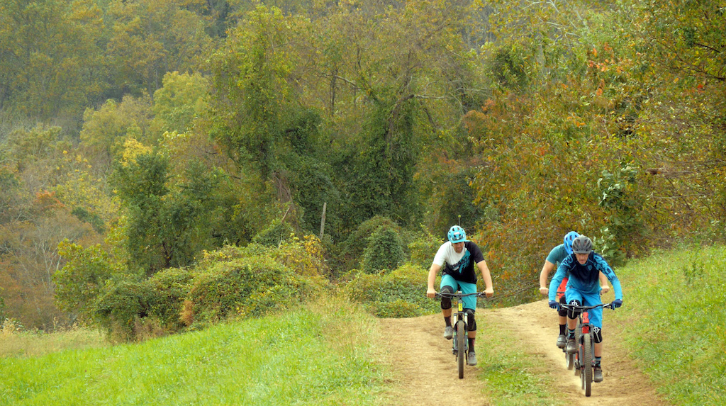 Gerry Creighton riding with Jeff Lenosky and Brice Shirbach in Brandywine Creek State Park