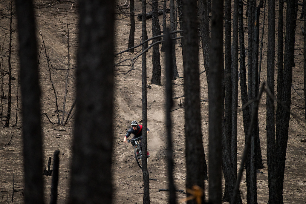 The recently charred forests of Cache Creek, BC, provided a surreal setting for a test session with James Doerfling on his new SRSUNTOUR TRIAir rear shock and the AURON35 Boost fork.