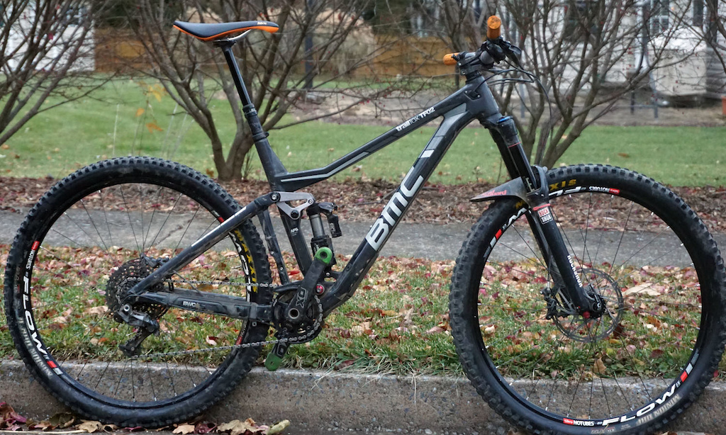 Size Large BMC TrailFox TF02 (carbon front, AL rear)
150mm Pike RTC3 (recently serviced lowers, can include more tokens)
Cane Creek Double Barrel Air with climb switch, 150mm
150mm Rockshox Reverb (also recently serviced)
SRAM Guide RSC brakes, 200/180mm rotors
Stans Flow EX wheels, lightly used as I raced with Bravos.
Invisiframe front triangle that is still immaculate, and shelter tape rear (and bottom of down tube to protect from that massive front tire throwing rocks) that has protected it when not riding so clean.
Maxxis Minion DHF 2.5, DHR II 2.3
Chromag BZA carbon bars 35mm, 785mm
Easton Havoc stem, 50mm
XO1 carbon cranks 175mm, 10-42 cassette, rear derailleur
MRP Bashguard and chain guide