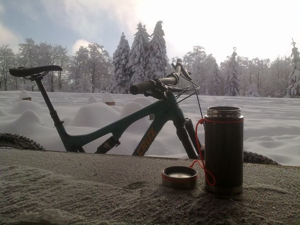 The tea the bike and the snow.
