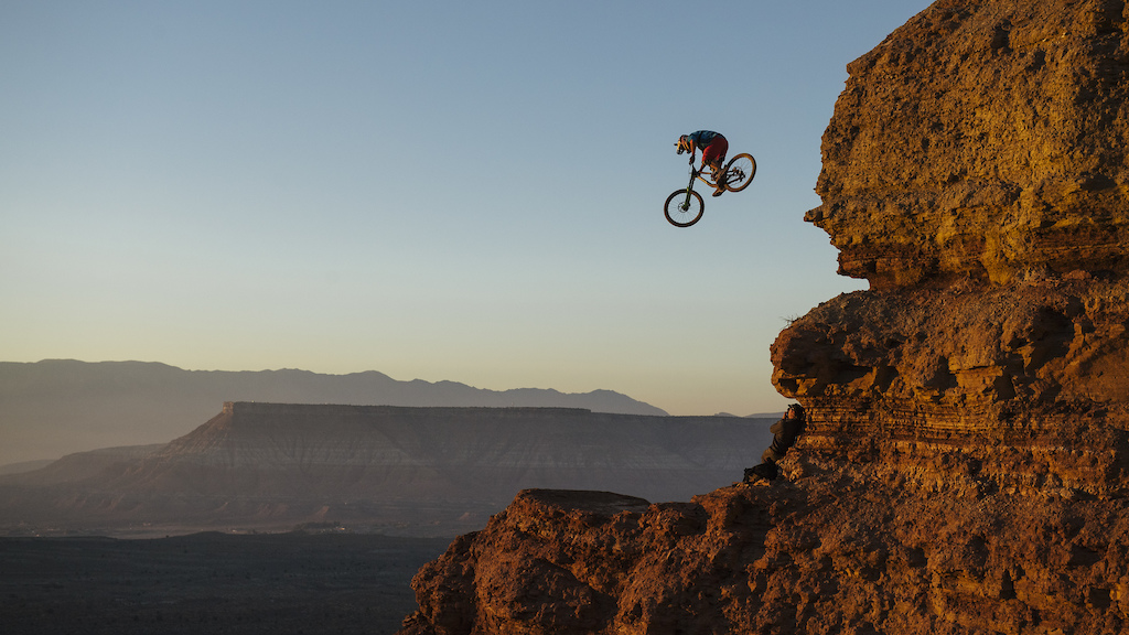 Darren Berrecloth drops in for the last light during practice at Red Bull Rampage in Virgin, Utah. Darren is always on point knowing when to ride his lines for the camera. He waited for the right moment knowing we were down here lining up the shot.