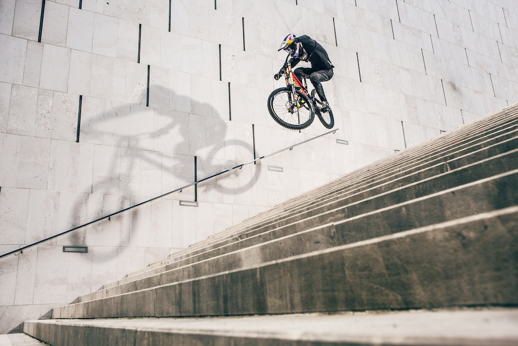 Fabio Wibmer sends it on a stair gap during his first shoot for Red Bull