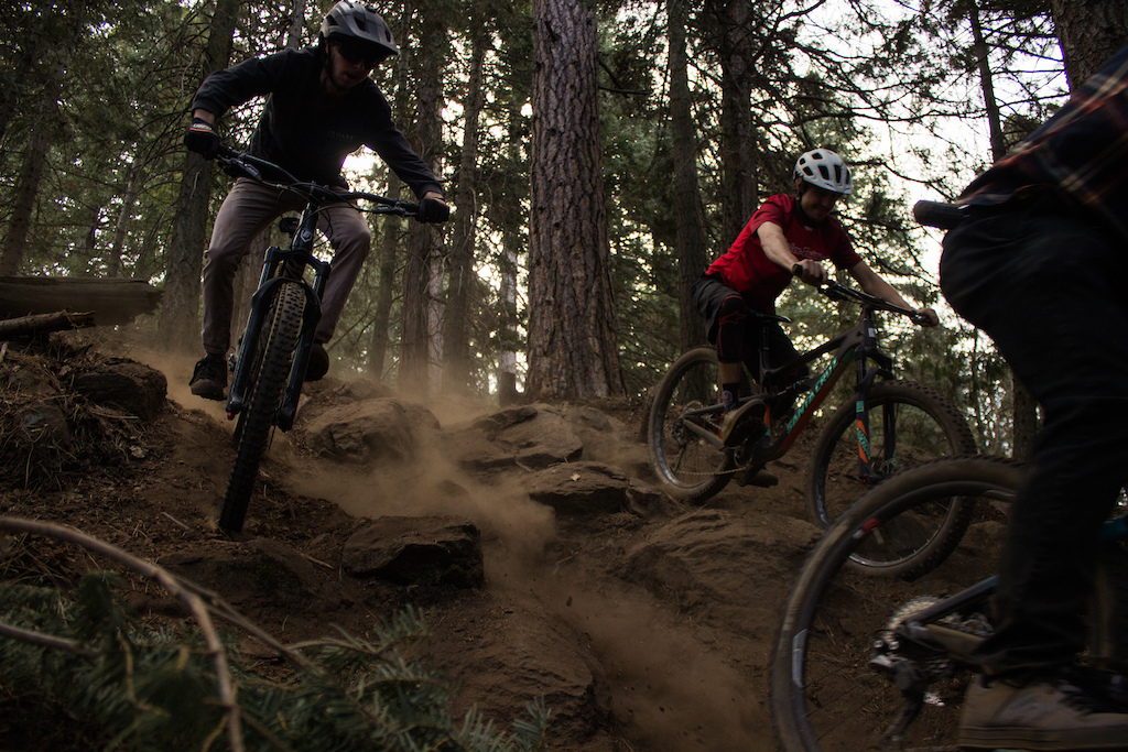 3 Buds Raging down a Routy Section on Comet Trail at Sky Park Bike Park in Southern California