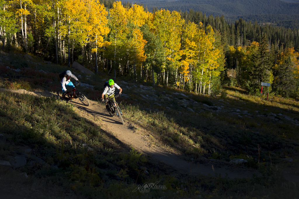 Aryeh Copa and Mike Rundle enjoying late afternoon light on the Sunshine Loop at Steamboat Resort, Colorado.