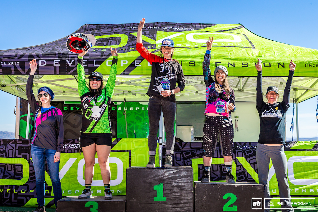 Italy's Veronika Widmann (FS Funn) topped the Pro Women's DH podium, and is flanked by Chelsea Kimball (TruckerCo/Wulfpack), Samantha Kingshill (DVO/College Cyclery/Vittoria/TruckerCo), Nicole Schanilec (Go Ride) and Amanda Wentz (Transition/Fox/Five Ten)