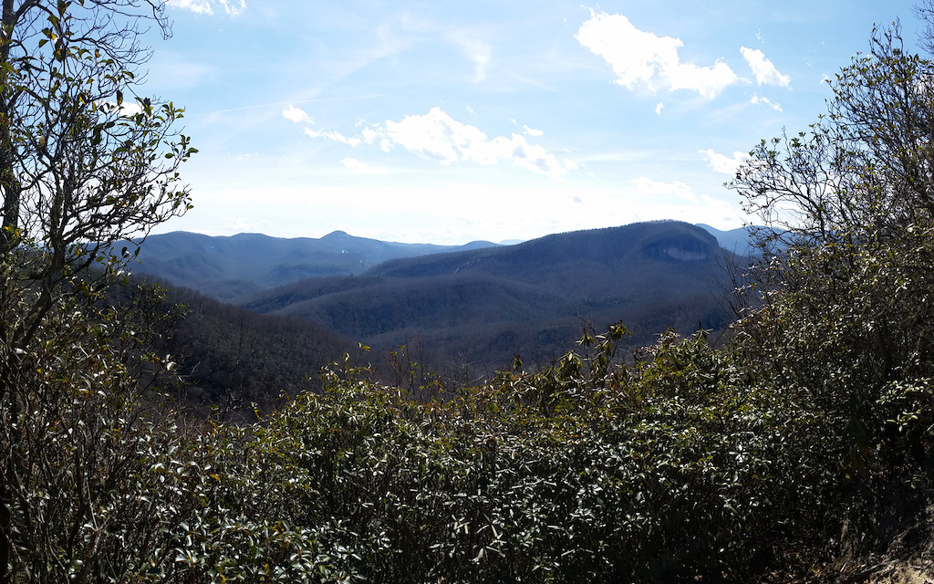 View of Looking Glass Rock and surrounding area from the trail, near the highest point.