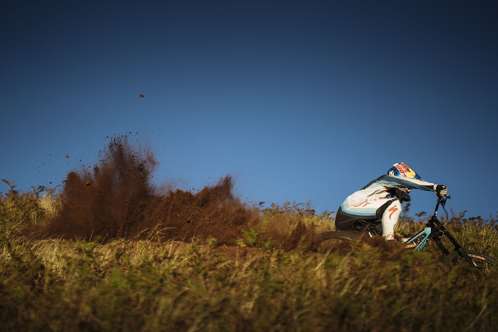 Loic hitting a dusty corner at the bottom of the Freeride Madeira built Gamble Line high above Funchal. Photo: Loic Bruni