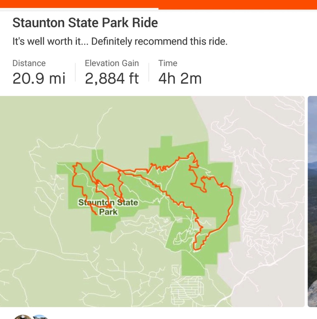 Full clockwise loop at Staunton State Park. 20 miles