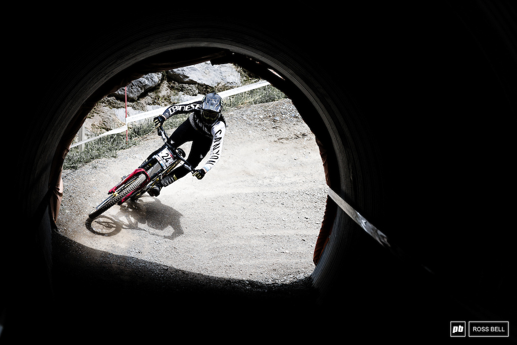 Mark Wallace popping into the shadows in one of the many Leogang tunnels.