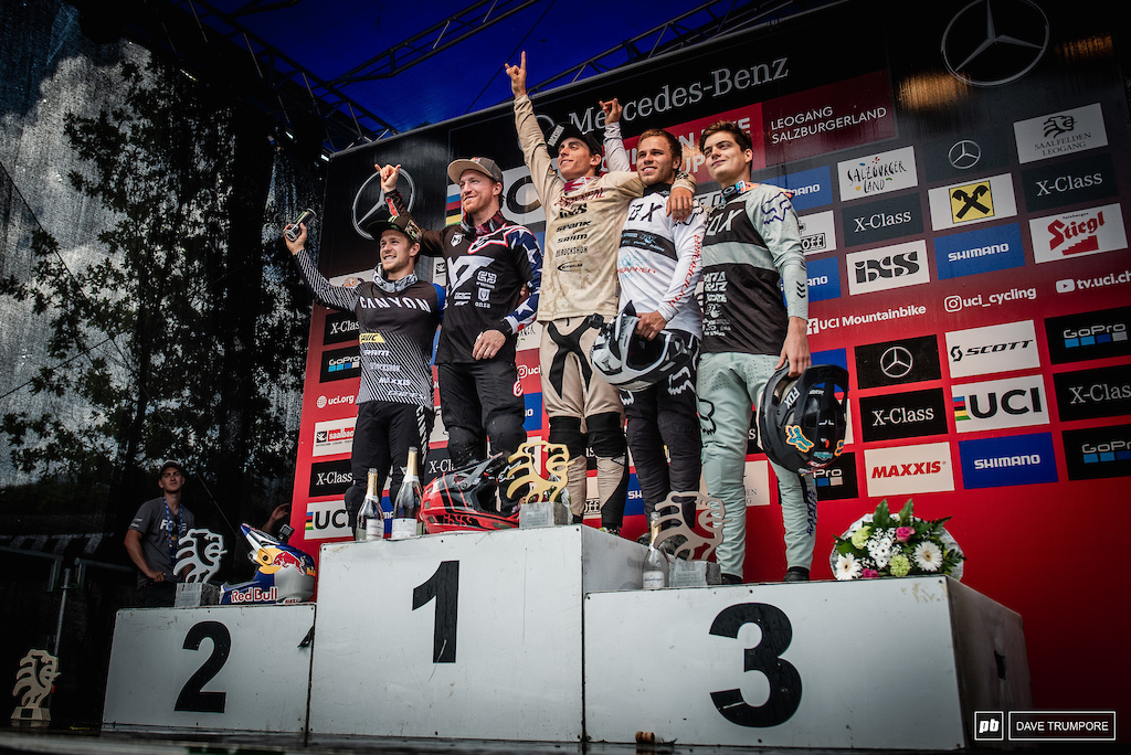 The fastest five men in Leogang with Amaury Pierron on the top step for the second week in a row.
