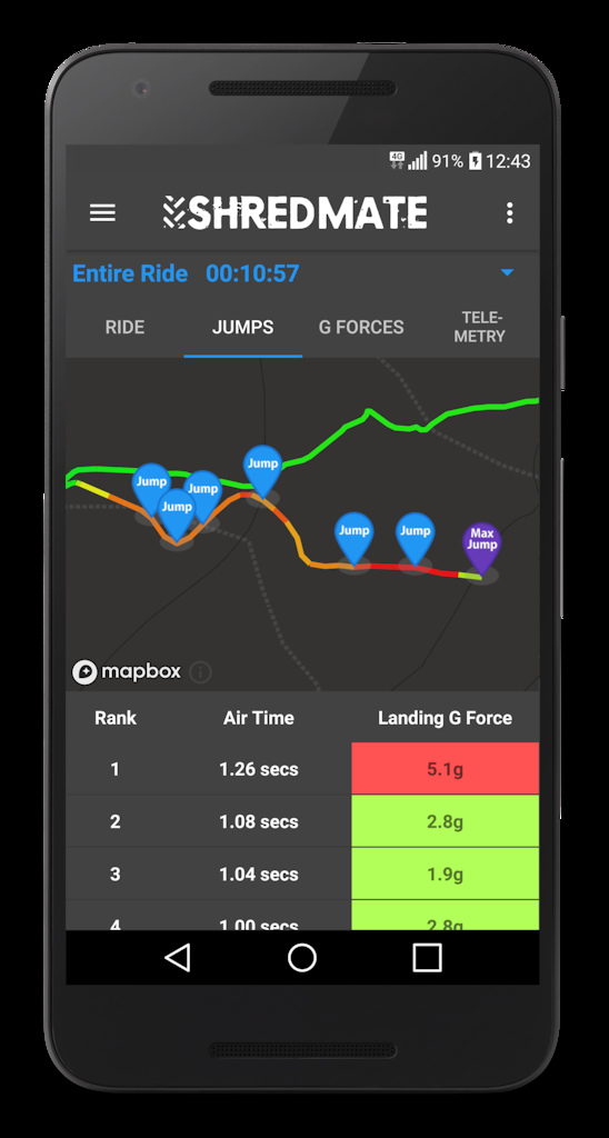 Shredmate app showing jumps