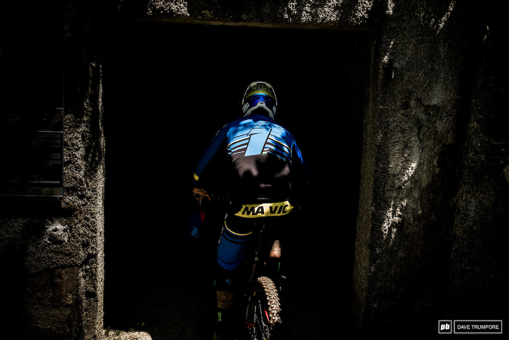 Sam Hill with target everyone was chasing heads into the mine that took riders underground from Stage 4 to Stage 5.