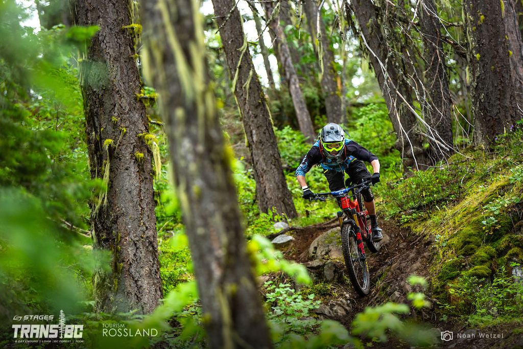 Rider races stage 4 on day 2 of the 2018 Trans BC Enduro in Rossland BC.