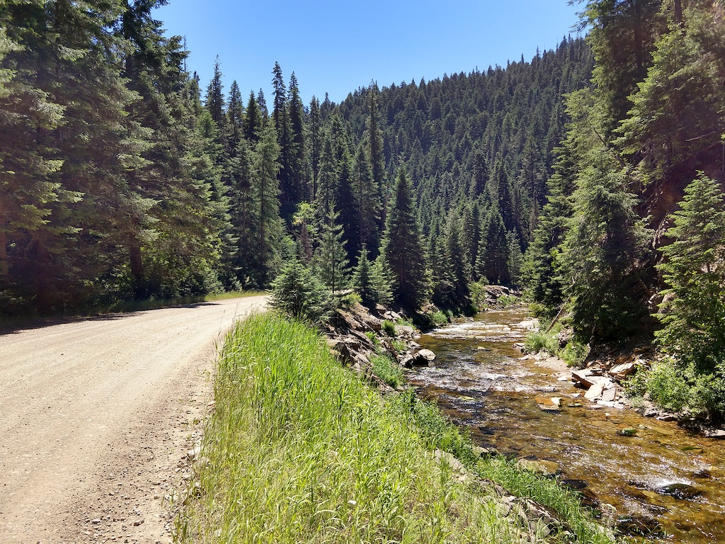 Views of the Little North Fork Coeur d'Alene River provide the scenery for this easy grind.