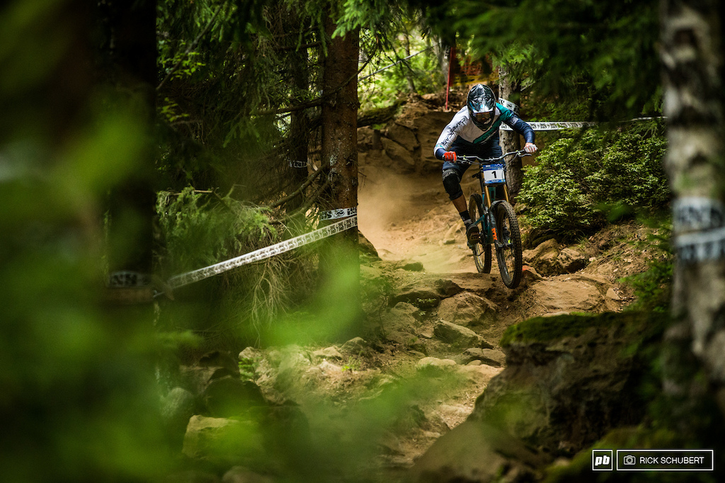 Joshua making his way through the gnarly rock sections at the iXS European DH Cup in Spicak