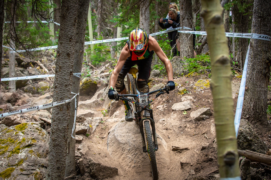 Tristan Hunter races stage 3 in the Pro/Open division at Round 3 of the 2018 SCOTT Enduro Cup presented by Vittoria at Powderhorn, CO on July 28, 2018. Photographer: Sean Ryan, courtesy EnduroCupMTB