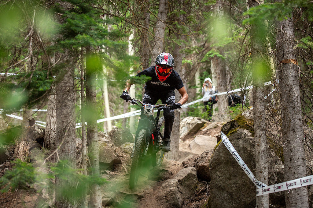 Tristan Hunter races stage 3 in the Pro/Open division at Round 3 of the 2018 SCOTT Enduro Cup presented by Vittoria at Powderhorn, CO on July 28, 2018. Photographer: Sean Ryan, courtesy EnduroCupMTB