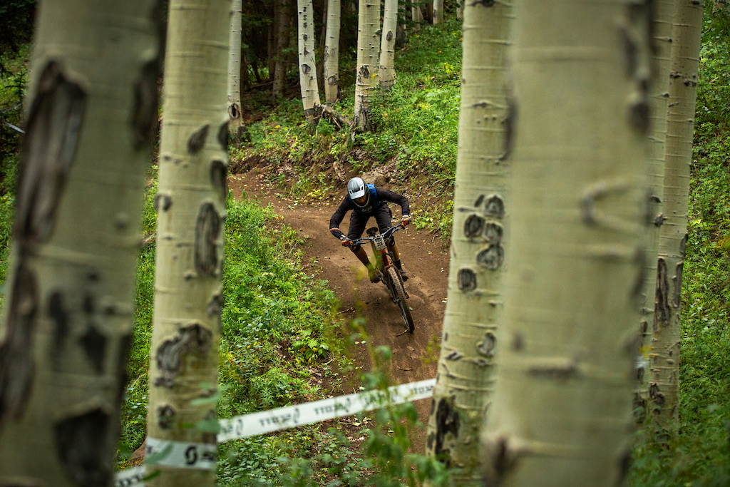 Lewis Stavrowsky races stage 2 in the Pro/Open division at Round 3 of the 2018 SCOTT Enduro Cup presented by Vittoria at Powderhorn, CO on July 28, 2018. Photographer: Sean Ryan, courtesy EnduroCupMTB