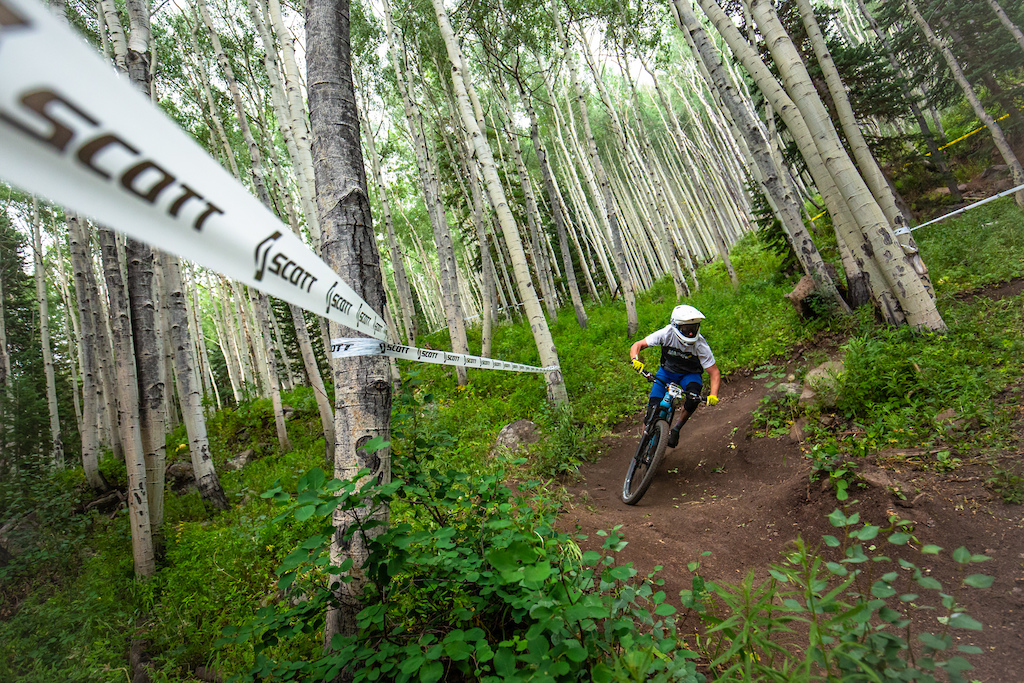 Michael Sampson races stage 2 in the Pro/Open Division at Round 3 of the 2018 Scott Enduro Cup presented by Vittoria at Powderhorn Resort, CO on July 28th 2018. (Photographer: Noah Wetzel, Courtesy, Enduro Cup)