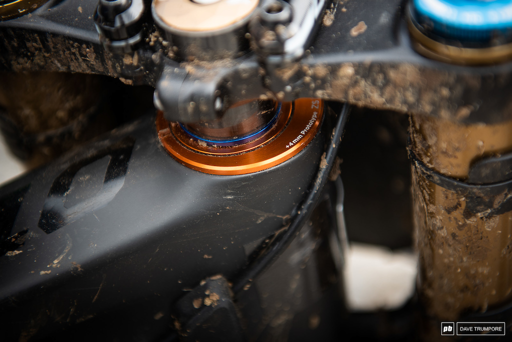 Max Morgan has a custom reach adjust headset from Cane Creek that allows for a 4mm shorter reach while still keeping the cups flush with the top of the head tube.