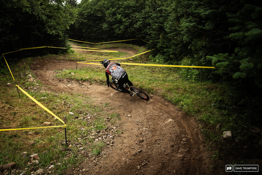 Luca Cometti flows down the only thing resembling a flow trail on the US Open DH track. Other than these five corners the track is raw and natural.