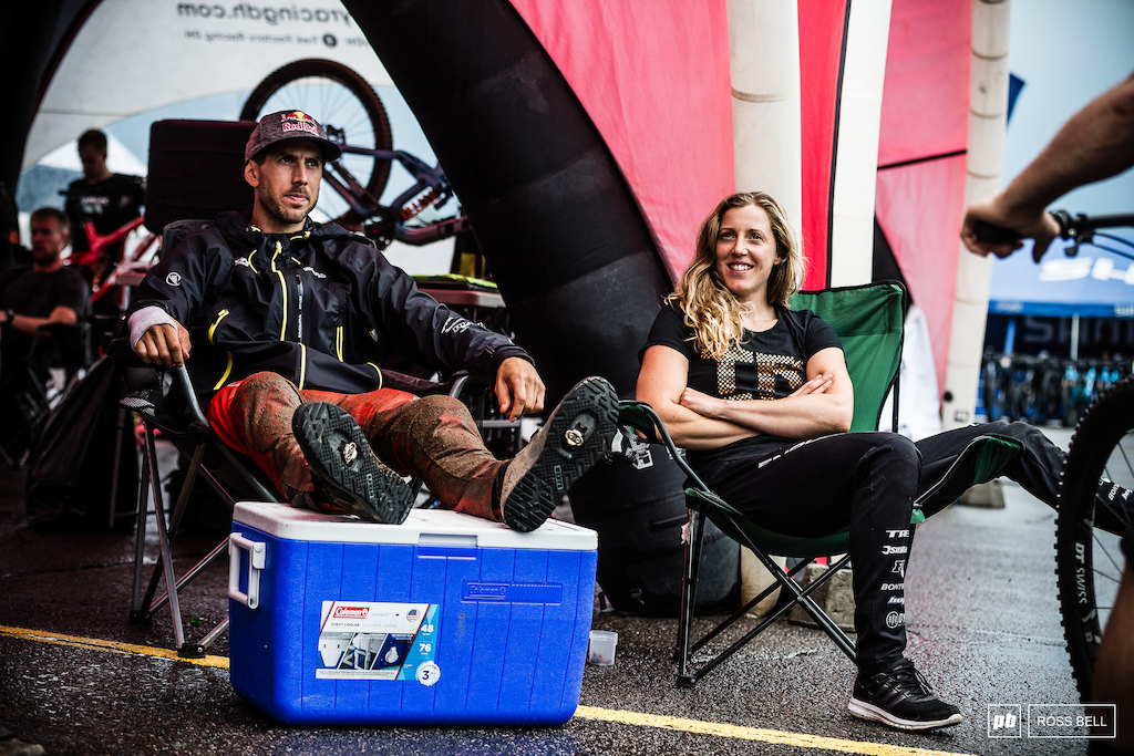 The Atherton siblings putting their feet up whilst waiting for the track to reopen.