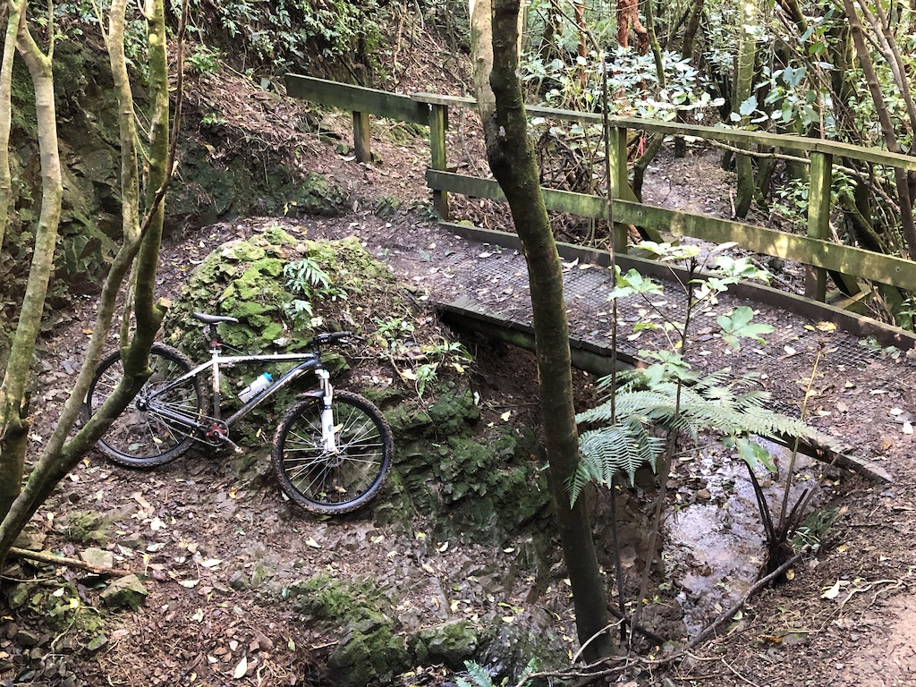 Tech feature on vertigo, corkscrew over the bridge, hard tight left hander then down and under on rock surface. Follows the creek for a few meters after.