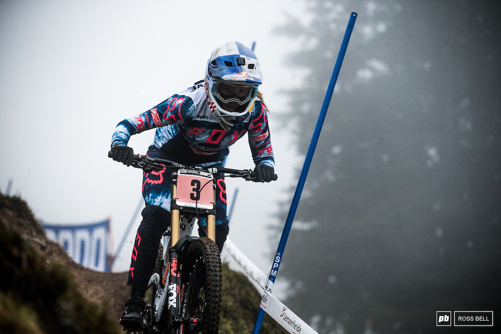 Tahnee Seagrave popping through the morning mist. She went down in her quali run but still came a close second to Rachel Atherton. Game on.