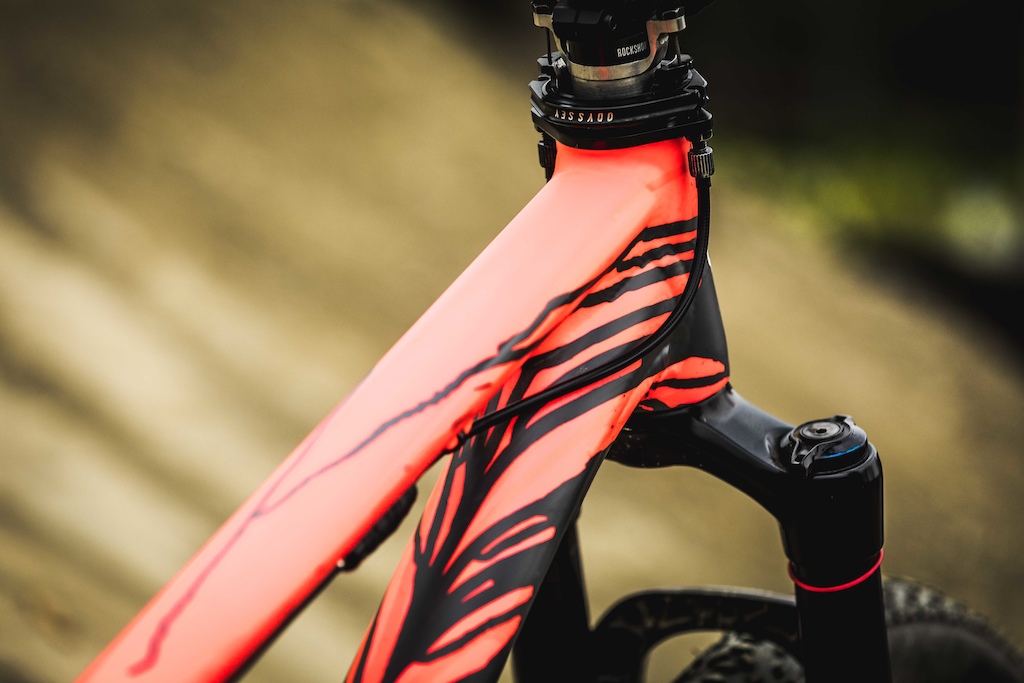 A custom painted Stiched 360˚ Pro frame, with a paint drip style. Sitting just above that, an Odyssey gyro keeps those pesky brake cables from getting tangled.