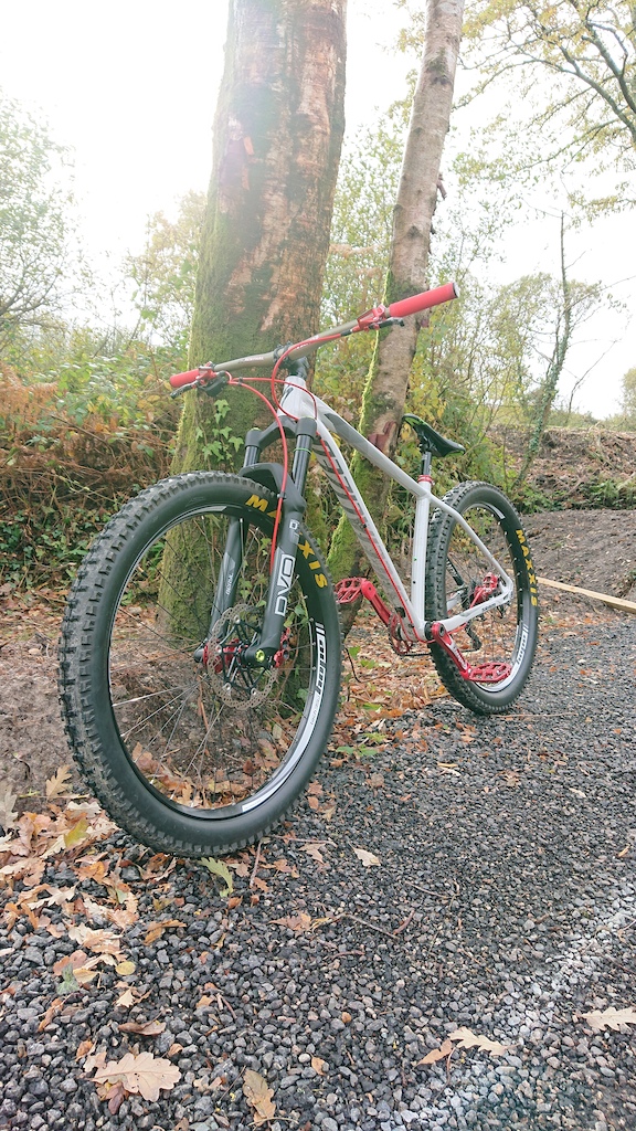 Another shot of the bike running the new DVO Beryl boost fork, Hope Tech 3 E4 brakes with Jagwire red hoses and Hope Tech drivetrain (Bottom bracket, chainring, cranks, pedals). The Hope Tech red grips are a new addition since I last posted here too.