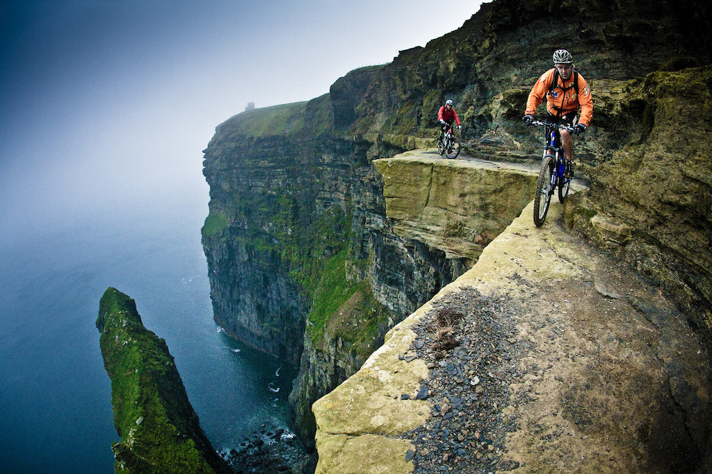 Hans Rey and Steve Peat on the Cliffs of Moher, Ireland.
