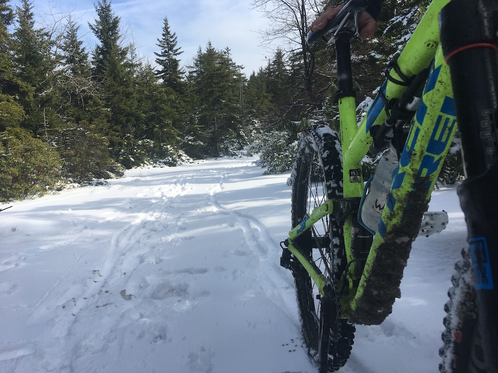 First weekend after purchasing my NEW used bike, though it was snowy, the maxxis shortys I put on this thing charged right on threw. Who needs a fat tire bike!!!