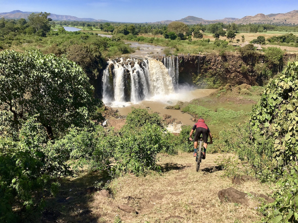 nose wheelie in front of the blue nile falls