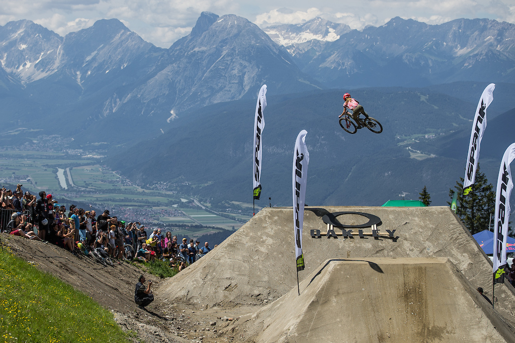 Sideways action from the Oakley Official Alpine WhipOff Championships presented by Spank. Credit Fraser Britton Crankworx 2018