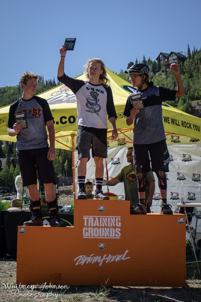 Freedom 5 Jr podium.  From left to right, 3rd place - Garrett Hafen, 1st place - Drake Knotts, 2nd place - Nigel James