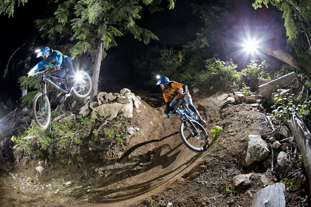 Mike Brothers and Sean Cameron do a night lap on Turnstyles at Morning Mtn. near Nelson, B.C., Canada.
