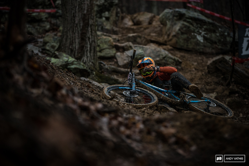The peanut butter conditions got the best of most riders this morning. The rain subsided, however, the rocks and roots were unpredictable.