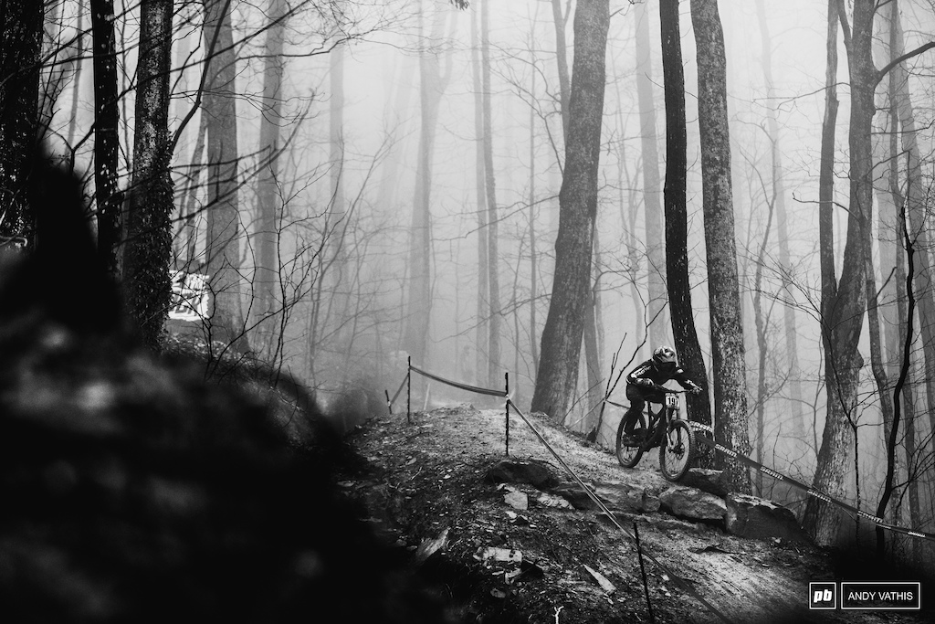 The fog lingered in the woods all day long but at least the rain held up until the last few riders down.