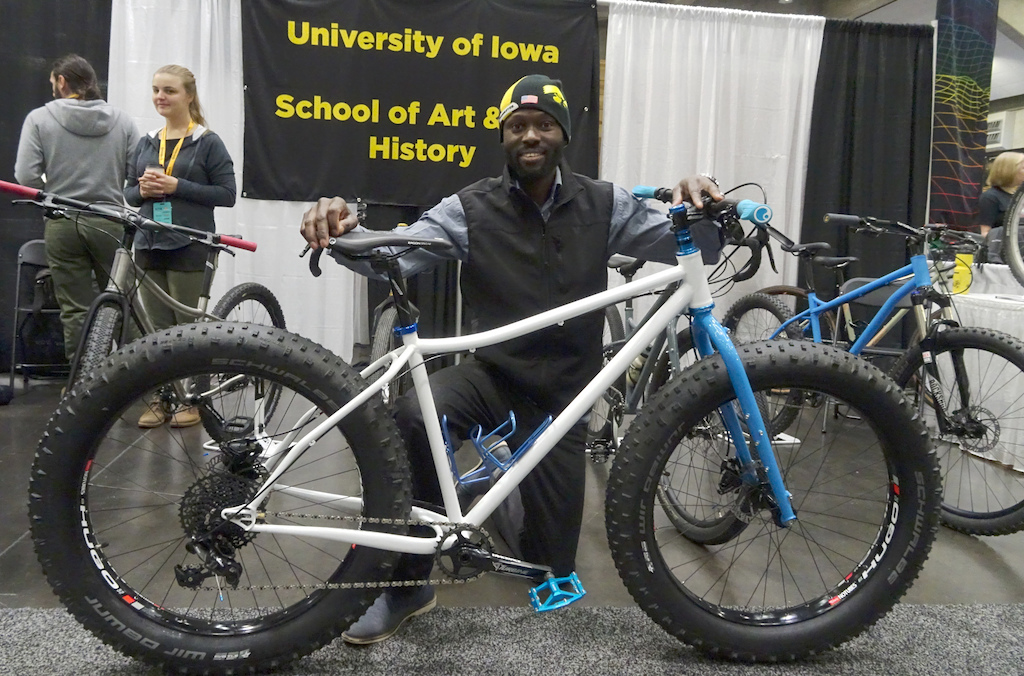 NAHBS 2019 University of Iowa's bike builder program was exhibiting student projects. Hyacinlhe "Yass" Badiane said he entered the class to  ground his education in industrial design in reality. His chromoly fat bike was a sweet. ride.
