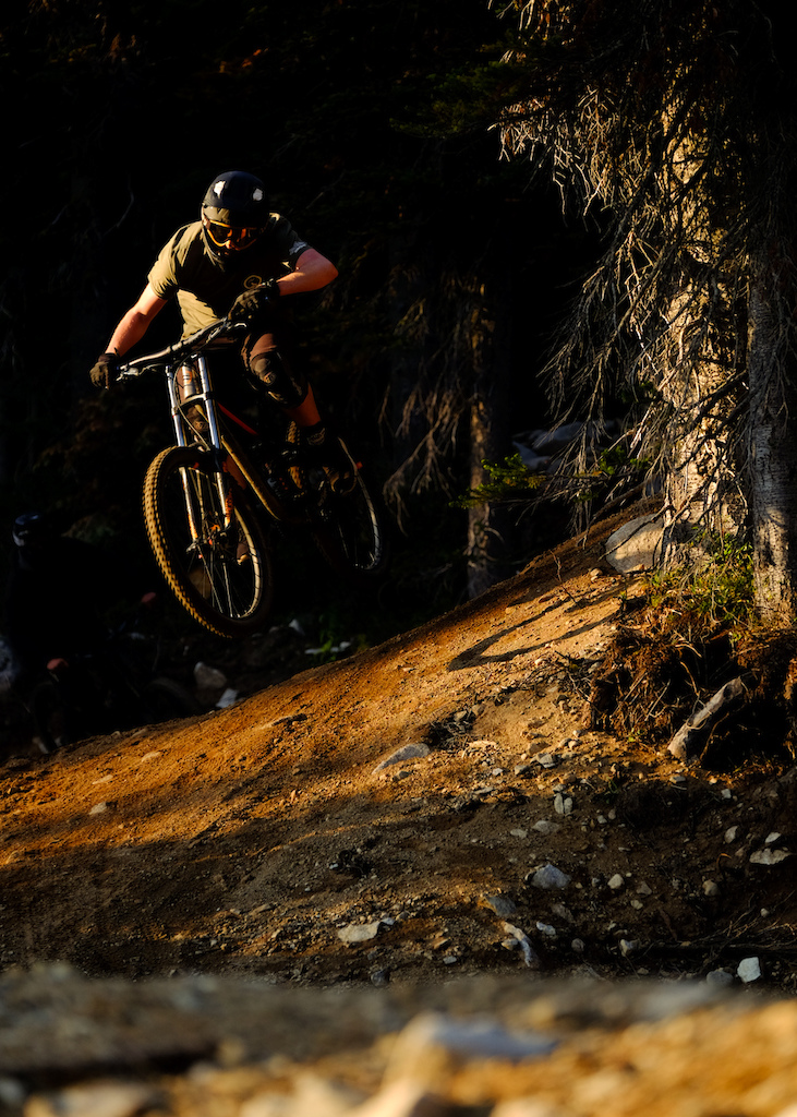 Sunset lap on the newly constructed black flow trail Dark Roast at Big White Bike Park.