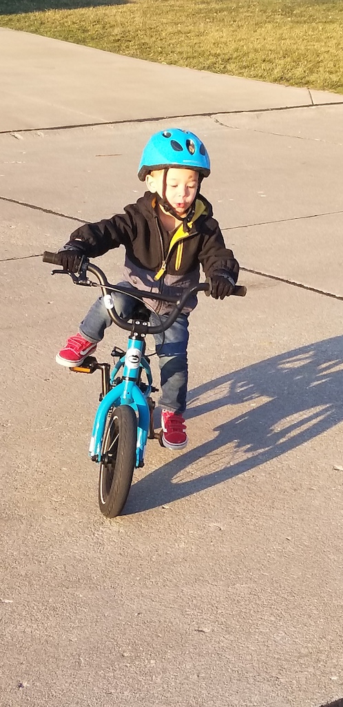 This is my little guy, strider at 18 months. Pedal bike, no training wheels, hand brake at 2.5 years. He's Rad!