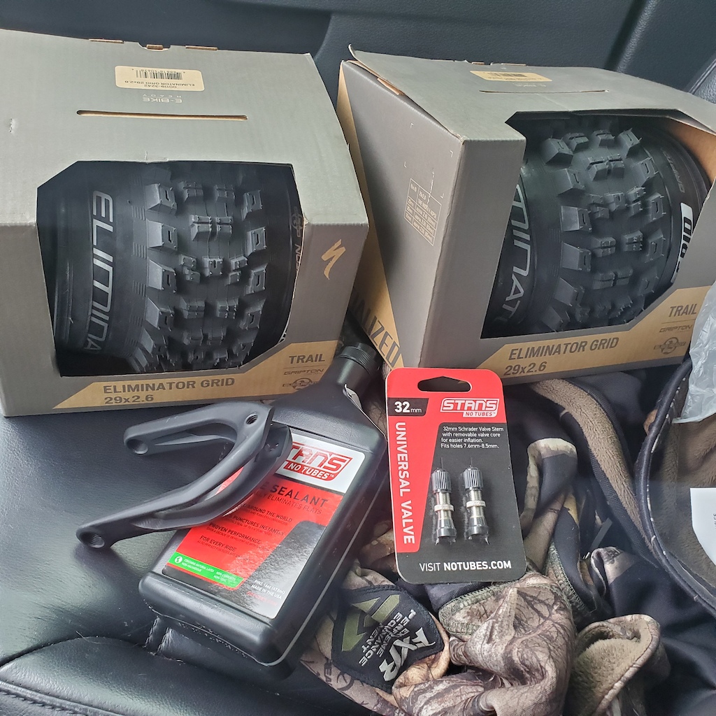 New 2.6" Eliminators and a full travel yoke for the Stumpy, and some tire slime and tubeless valves for the wifes Rockhopper so I can put my Butcher and Purgatory combo on her bike and convert her to tubeless.