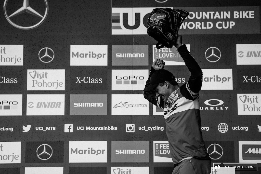 An elated Charlie Harrison takes his first world cup podium.