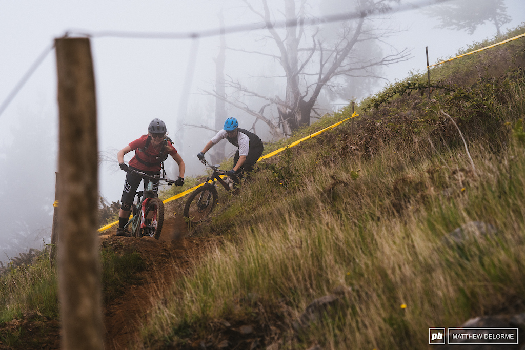Bebe and  James Parkin descend a foggy Gamble trail.