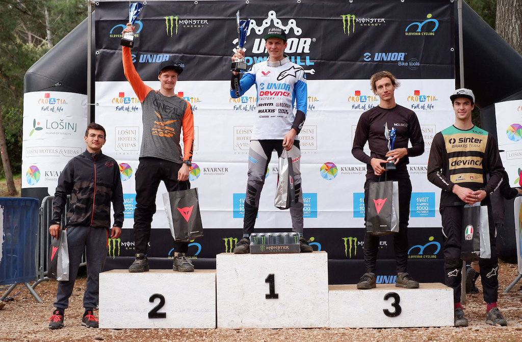 Podium UCI Men at 2019 Downhill Lo inj opening round of Unior Downhill Cup. Photo by Urban Cerjak Monster Energy.