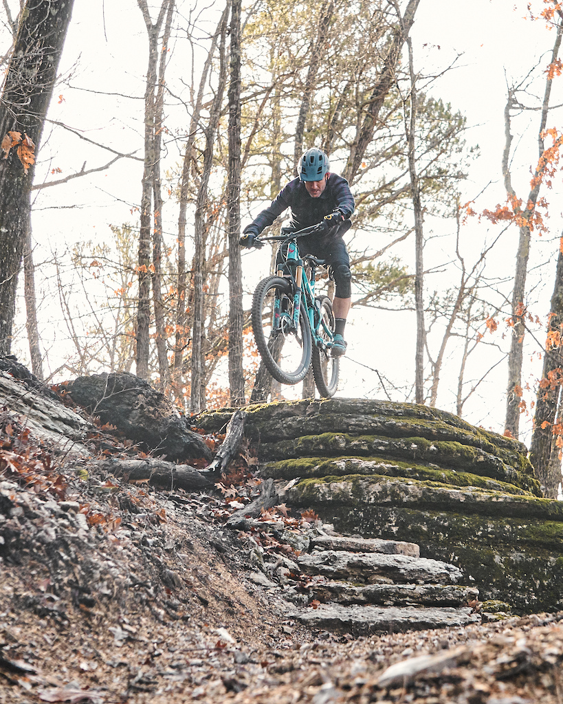 Rich (Pivot Factory/The Ride Series MTB Clinics) hits the anti-gravity button at Passion Play trails outside of Eureka Springs, Arkansas.