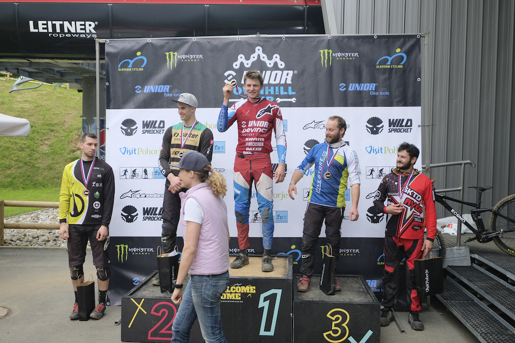 Men's elite podium at DH Visit Pohorje, rd2 of Unior DH Cup. Photo by Urban Cerjak/Monster Energy.