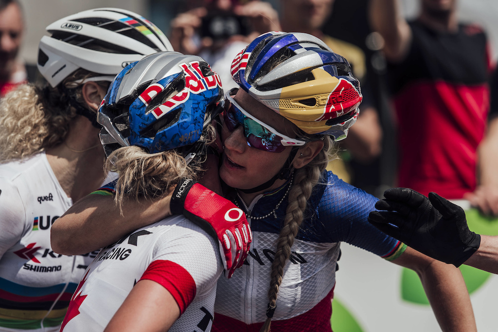 Emily Batty and Pauline Ferrand Prevot seen after the race at UCI XCO World Cup in Nove Mesto, Czech Republic on May 27th, 2018 // Bartek Wolinski/Red Bull Content Pool // AP-1VSVZ2B5S2111 // Usage for editorial use only // Please go to www.redbullcontentpool.com for further information. //