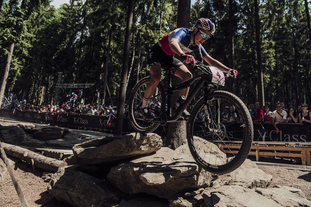Pauline Ferrand Prevot performs at UCI XCO World Cup in Nove Mesto, Czech Republic on May 27th, 2018 // Bartek Wolinski/Red Bull Content Pool // AP-1VSVZFPY12111 // Usage for editorial use only // Please go to www.redbullcontentpool.com for further information. //